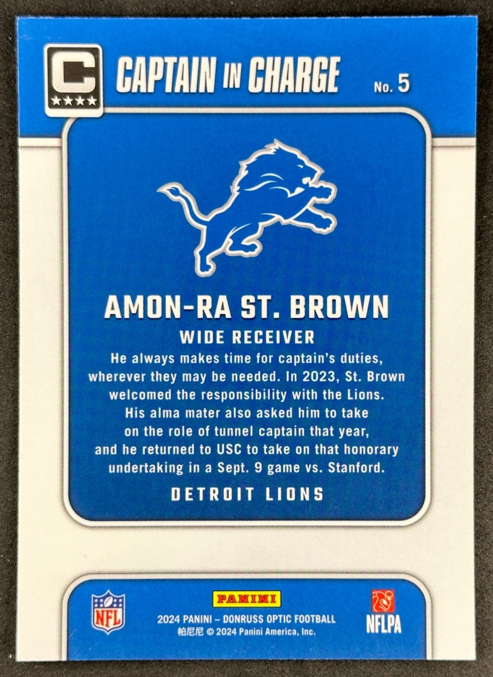 Amon-Ra St. Brown 2024 Donruss Optic Captain In Charge Lions Sports Trading Card