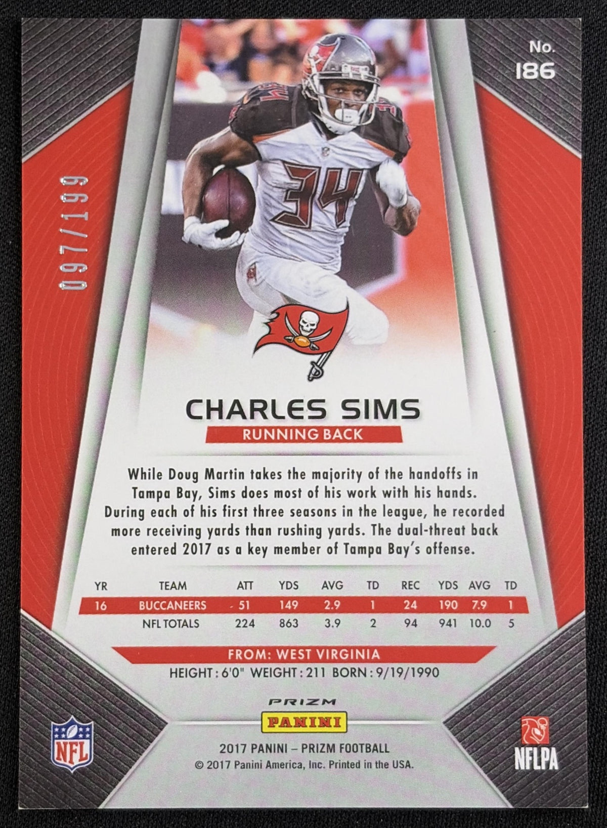 Charles Sims 2017 Panini Prizm Light Blue /199 Buccaneers Tampa Bay Buccaneers Sports Trading Card