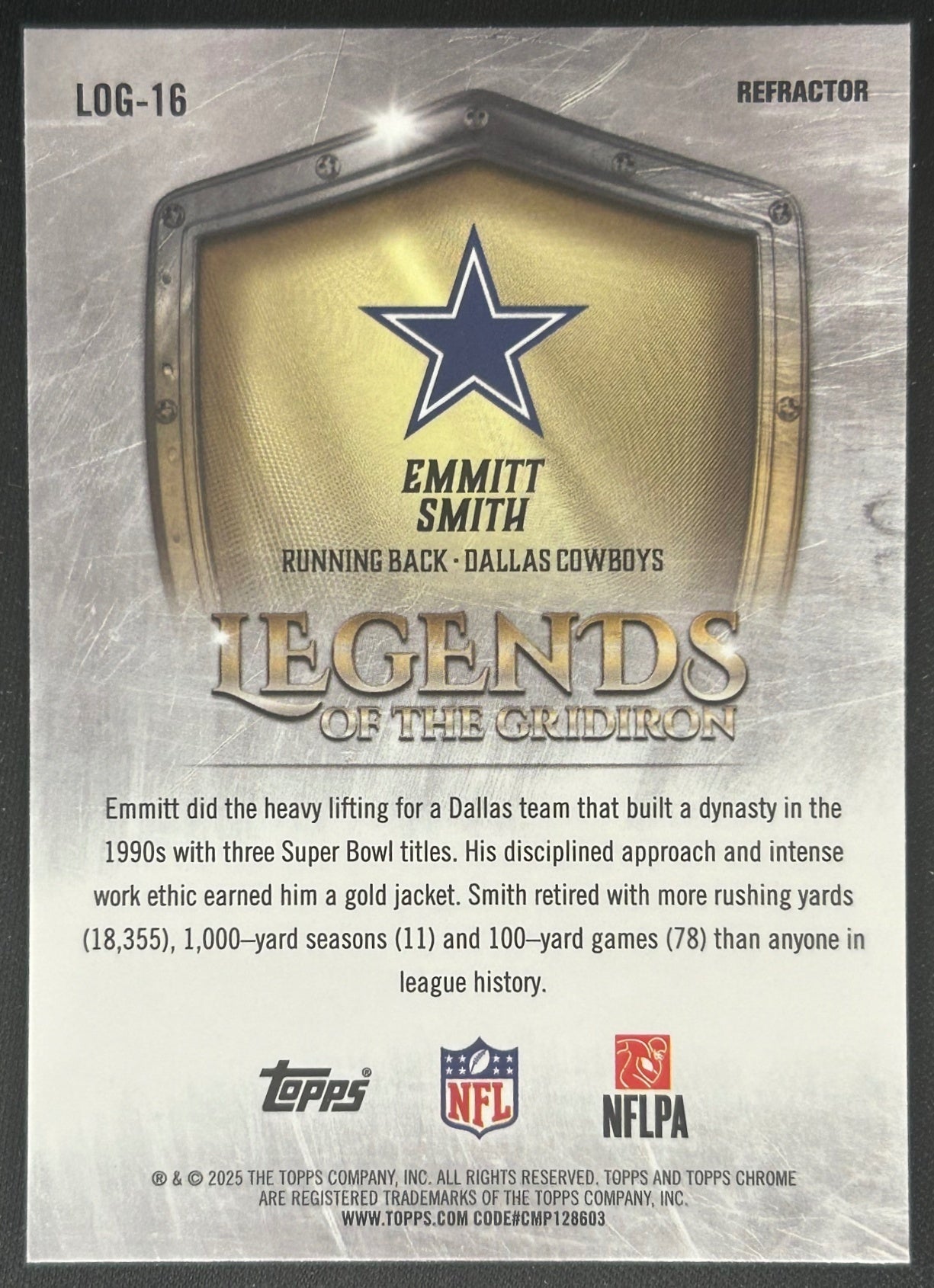 Emmitt Smith 2025 Topps Chrome Legends of the Gridiron Refractor Cowboys Sports Trading Card
