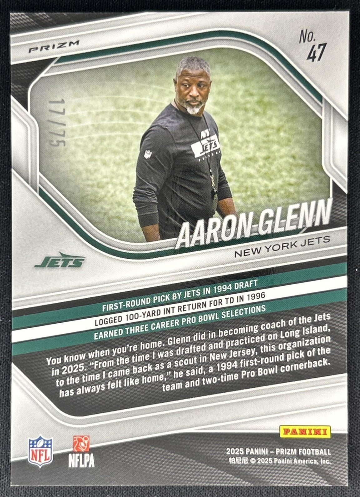 Aaron Glenn 2025 Panini Prizm Green Scope /75 Jets Back