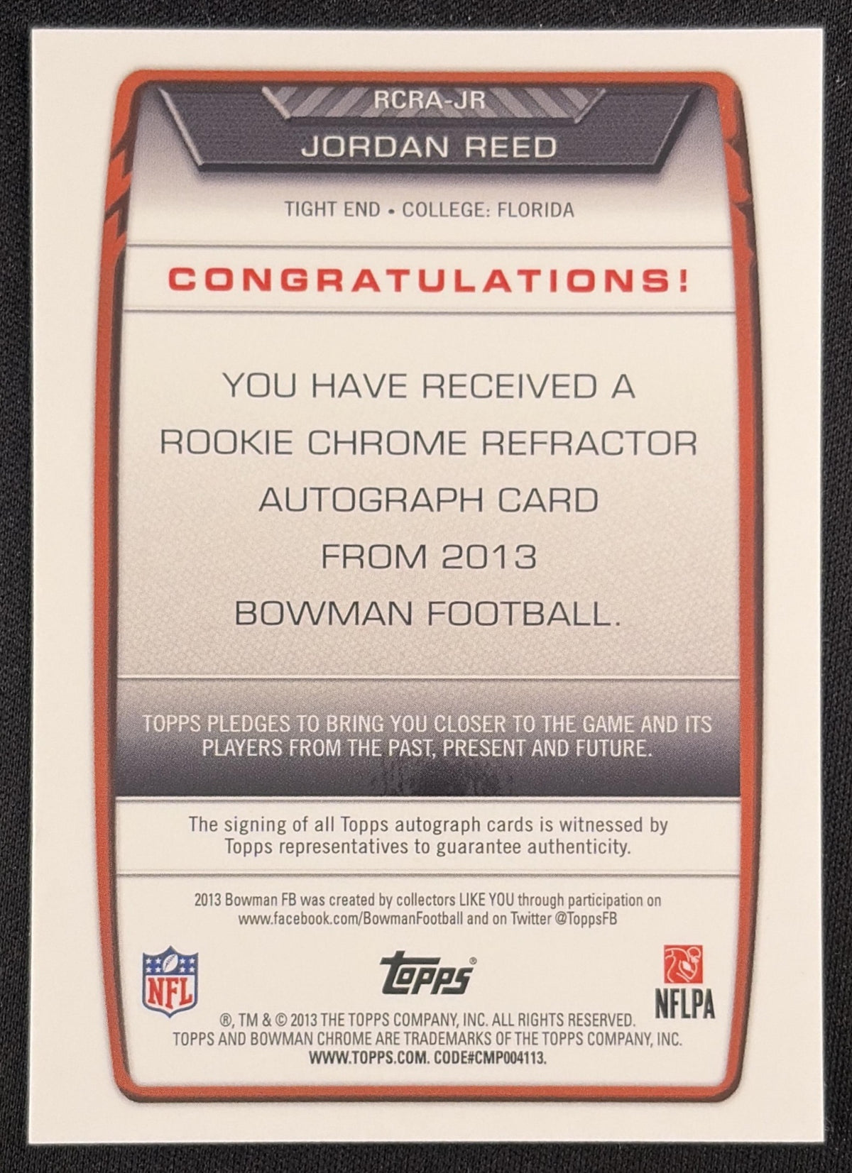 Jordan Reed 2013 Bowman Chrome Rookie Auto Refractor Gators Sports Trading Card