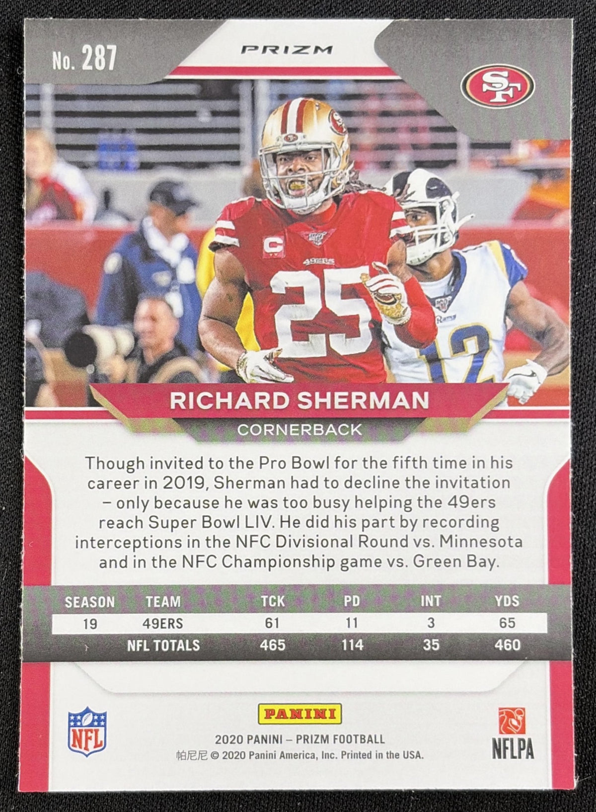 Richard Sherman 2020 Panini Prizm Red Ice 49ers Sports Trading Card