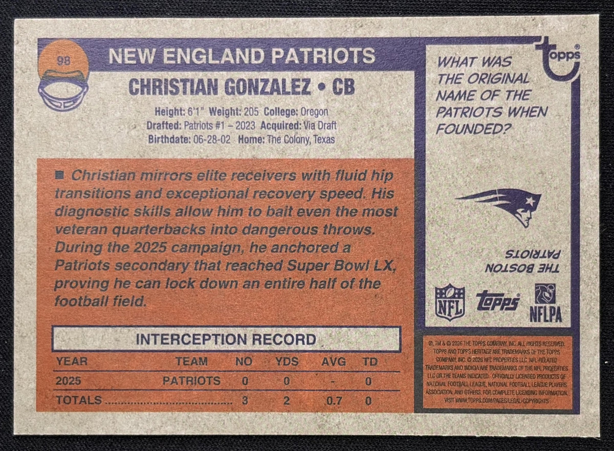 Christian Gonzalez 2026 Topps Heritage Dark Green Border Patriots