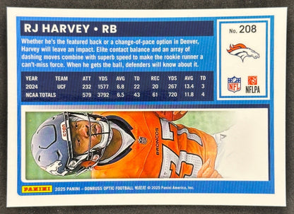 RJ Harvey 2025 Donruss Optic Rated Rookie Broncos Sports Trading Card