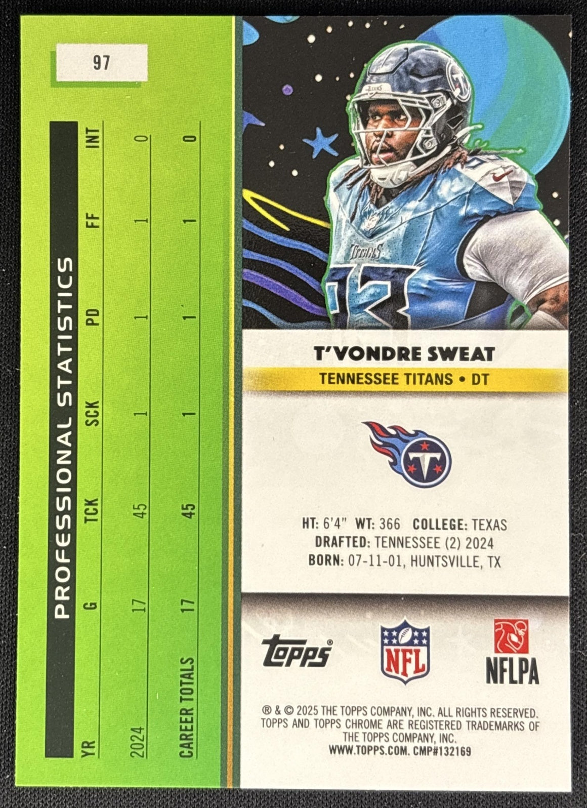 T'Vondre Sweat 2025 Topps Cosmic Chrome Titans back
