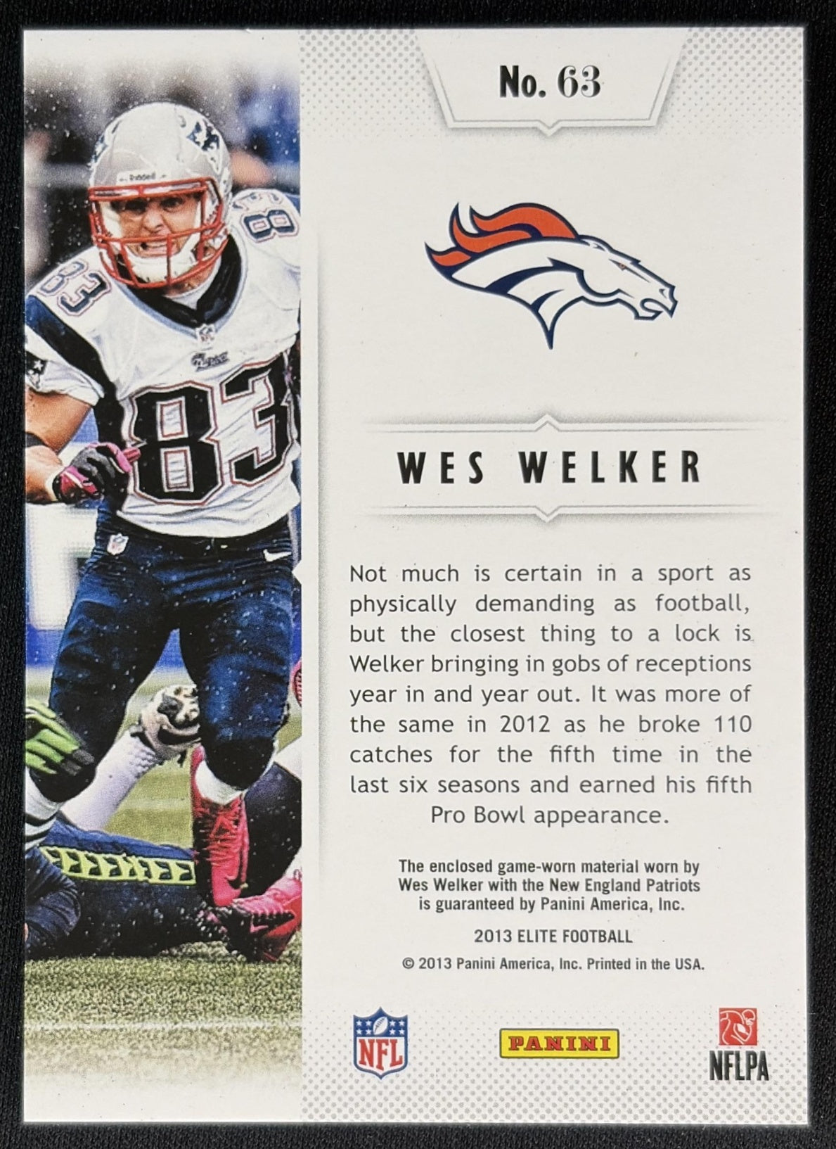 Wes Welker 2013 Panini Elite Playmakers /49 Broncos back