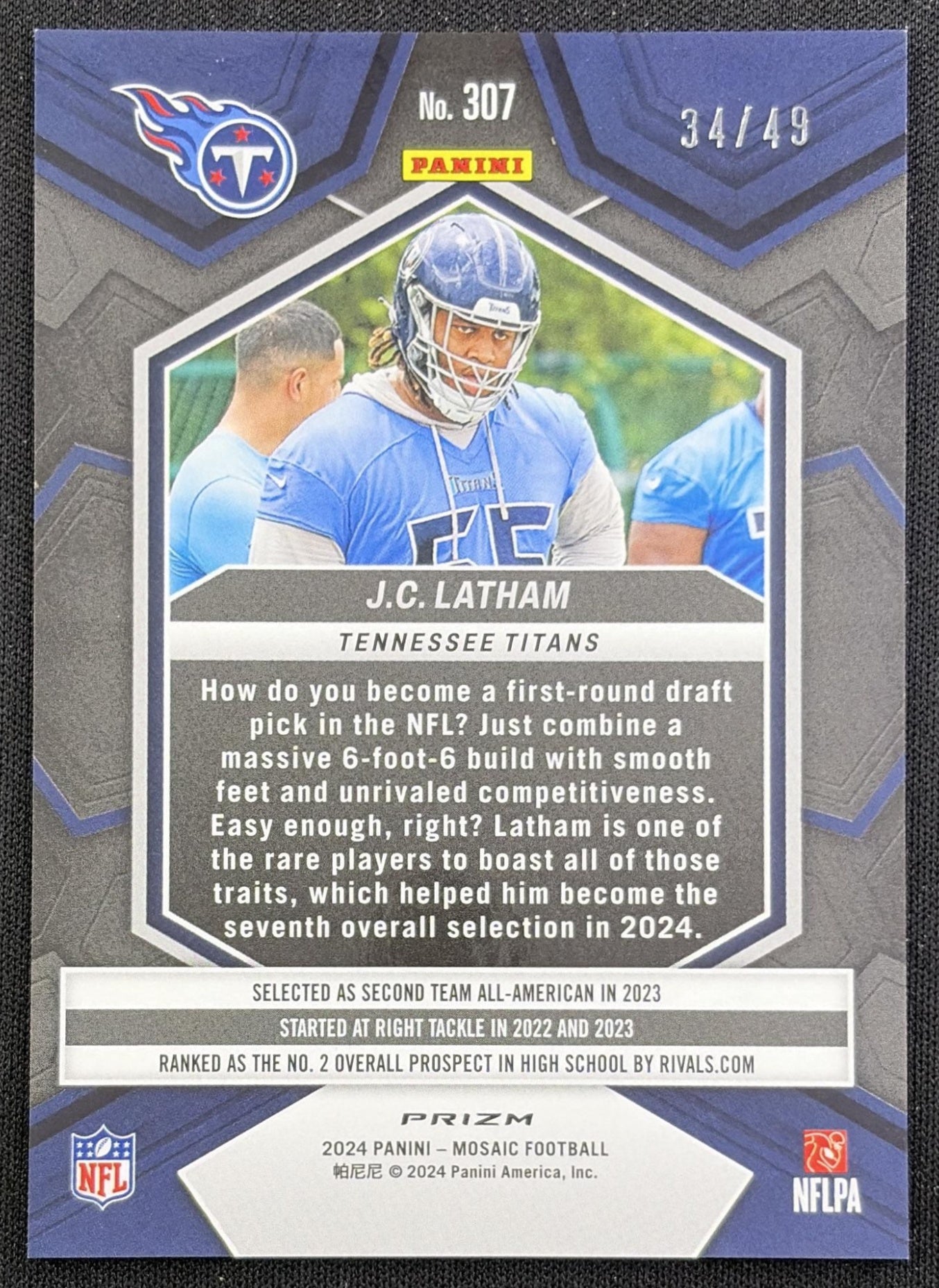 J.C. Latham 2024 Panini Mosaic Purple Prizm /49 Titans