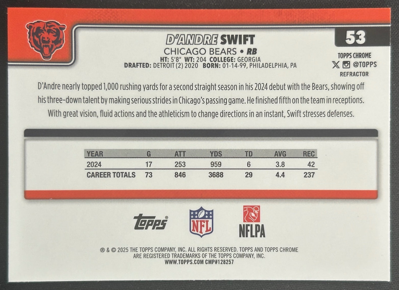 D'Andre Swift 2025 Topps Chrome Refractor Bears Sports Trading Cards