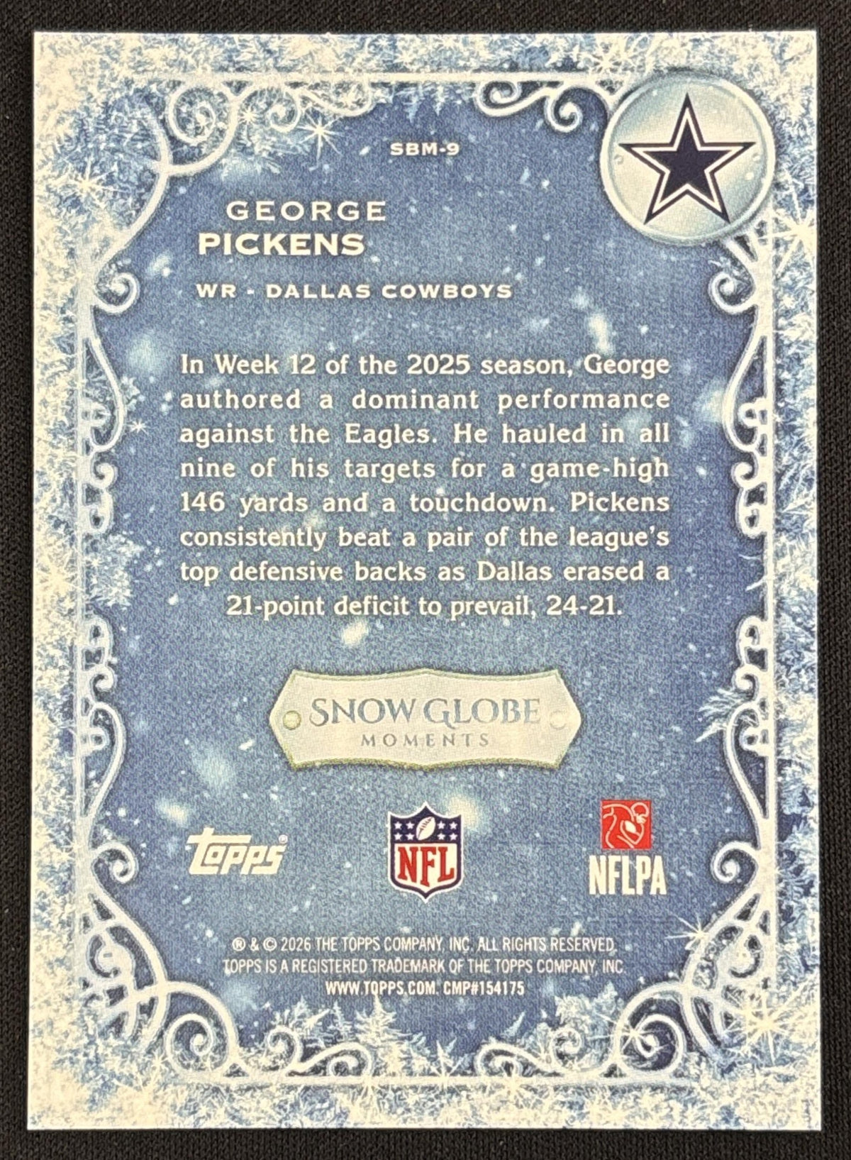 George Pickens 2026 Topps Holiday Snow Globe Moments Cowboys - Back