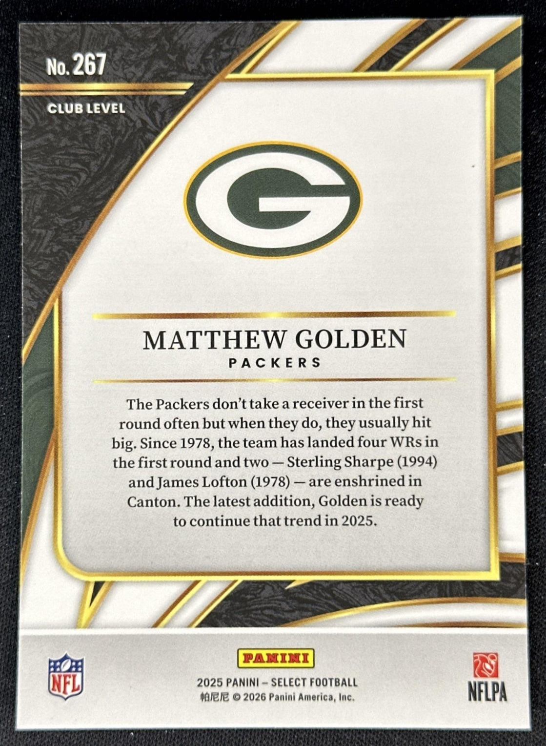 Matthew Golden 2025 Panini Select Club Level Packers back