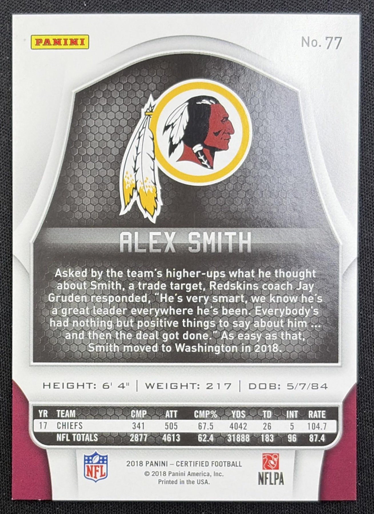 Alex Smith 2018 Panini Certified Mirror Orange /225 Redskins back