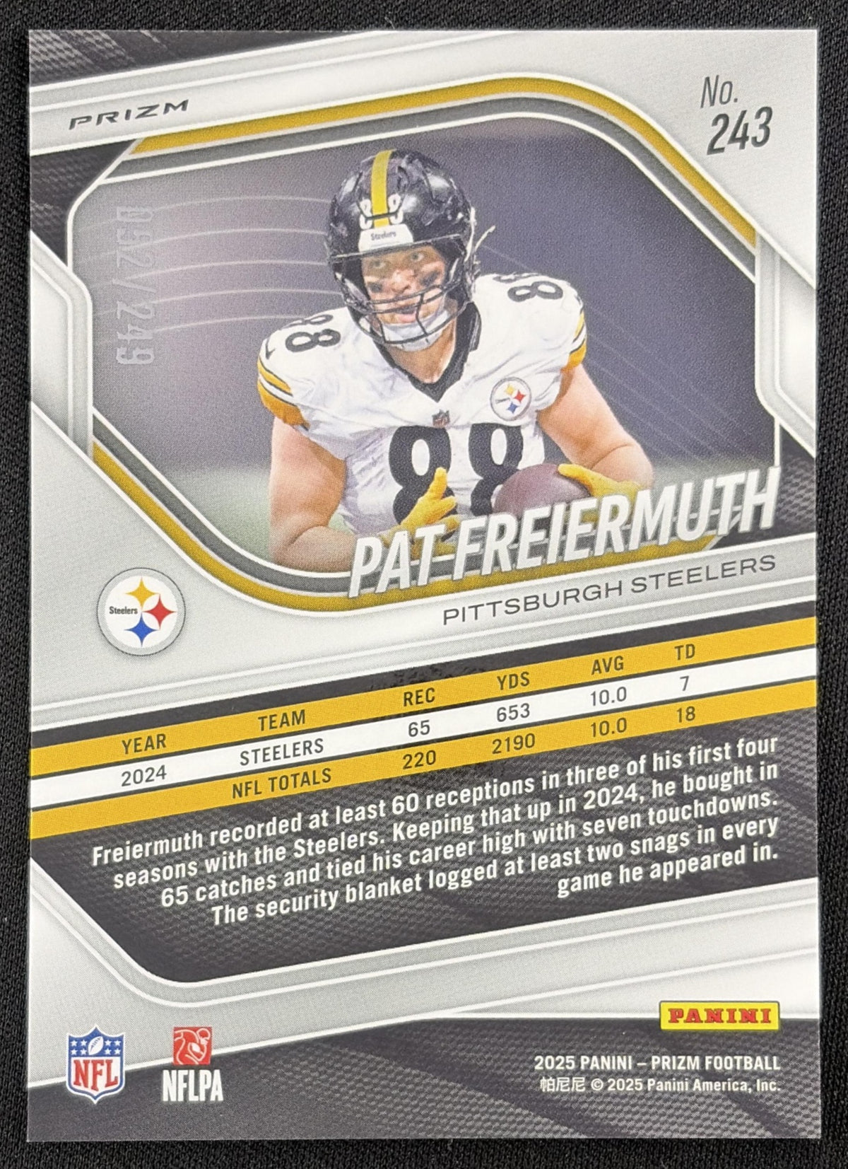 Pat Freiermuth 2025 Panini Prizm Orange /249 Steelers Sports Trading Card