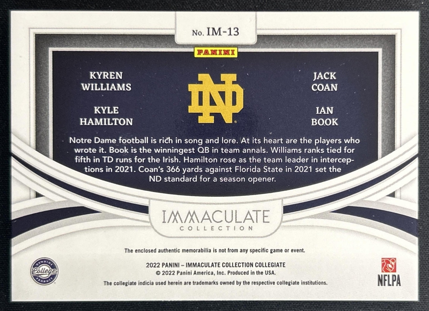 Kyle Hamilton Ian Book Jack Coan Kyren Williams 2022 Immaculate Collection Collegiate Monuments /99 Fighting Irish back