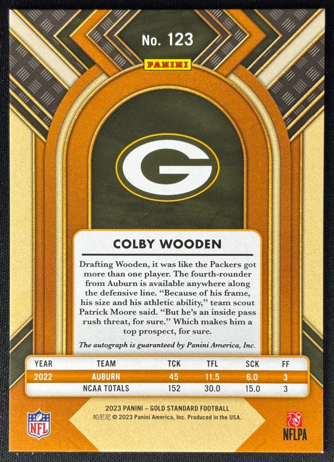Colby Wooden 2023 Gold Standard Auto /199 Packers sports trading card
