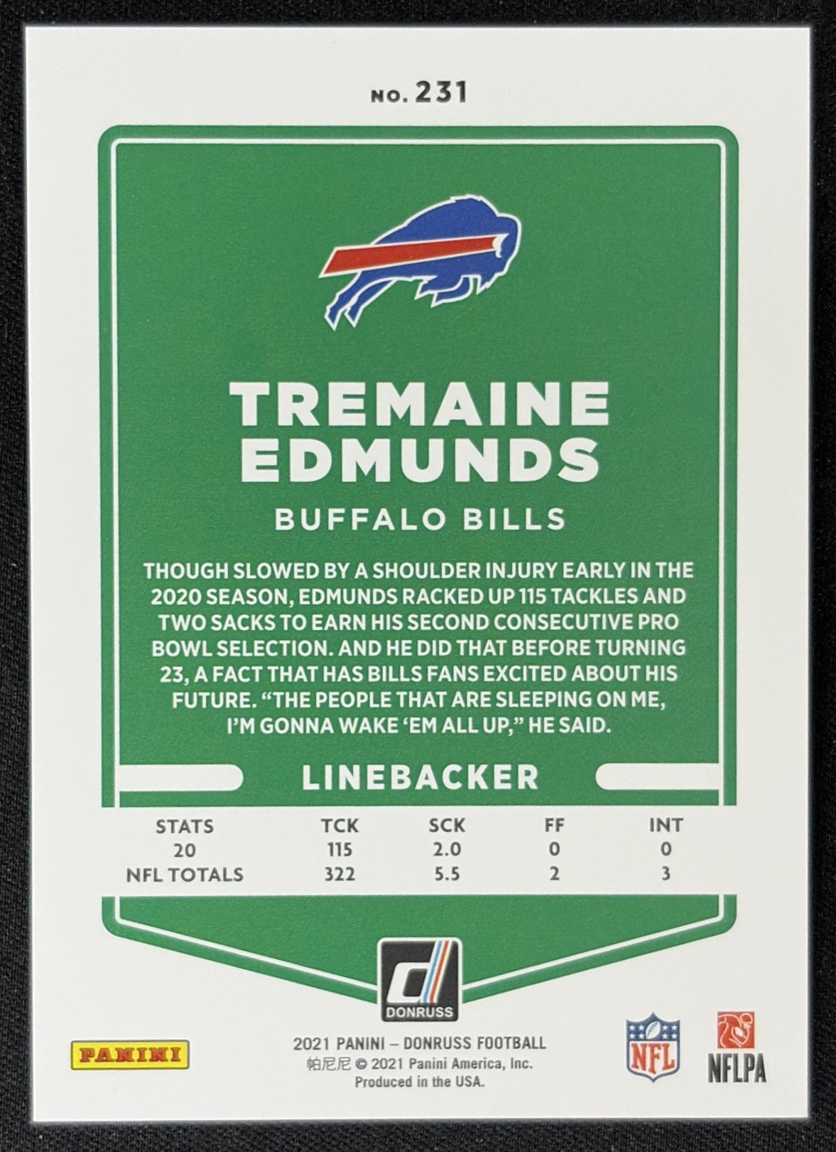 Tremaine Edmunds 2021 Panini Donruss Press Proof Premium Bills - Buffalo Bills