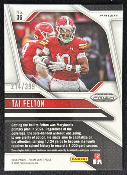 Tai Felton 2025 Panini Prizm Draft Picks Red /399 Terrapins Sports Trading Card
