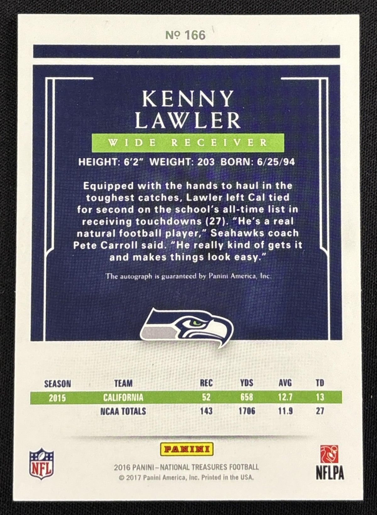 Kenny Lawler 2016 Panini National Treasures Holo Silver /25 Seahawks
