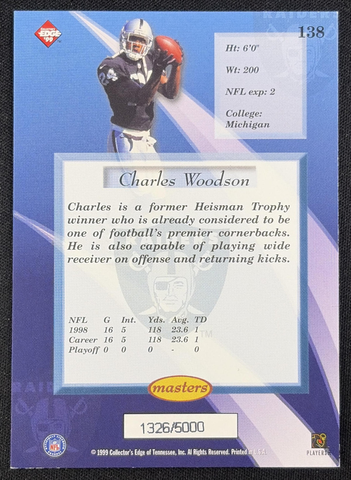 Charles Woodson 1999 Collector's Edge Masters /5000 Raiders