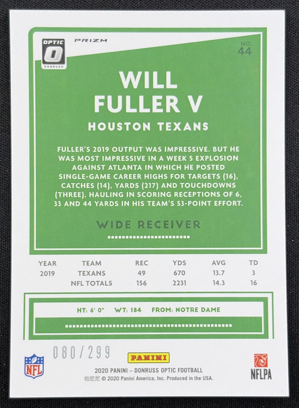 Will Fuller V 2020 Panini Donruss Optic Aqua Prizm /299 Texans
