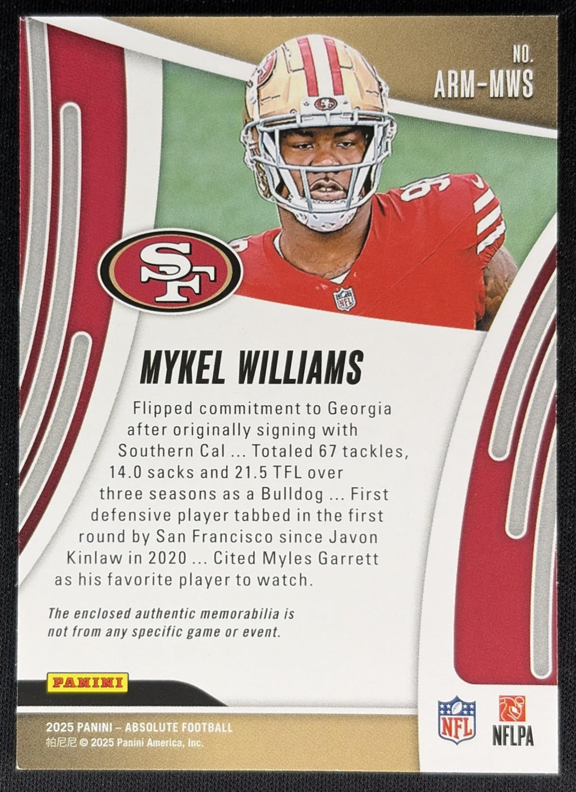 Mykel Williams 2025 Panini Absolute Rookie Materials 49ers back
