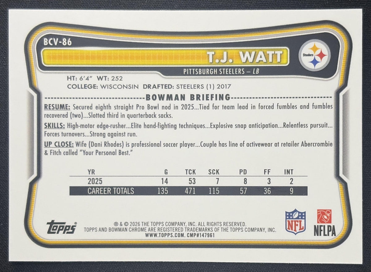 T.J. Watt 2026 Bowman Chrome NFL Speckle Refractor Steelers