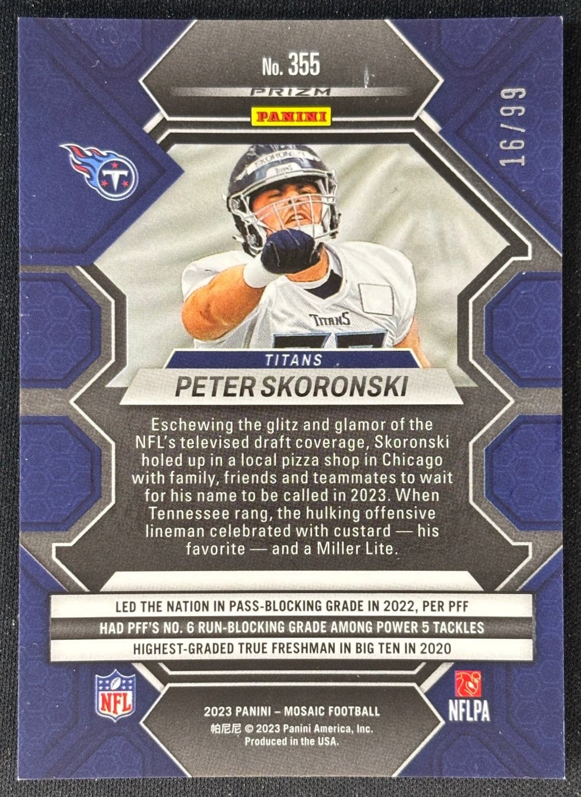 Peter Skoronski 2023 Mosaic Blue Mosaic Prizm /99 Titans - Back | Wayne Collection