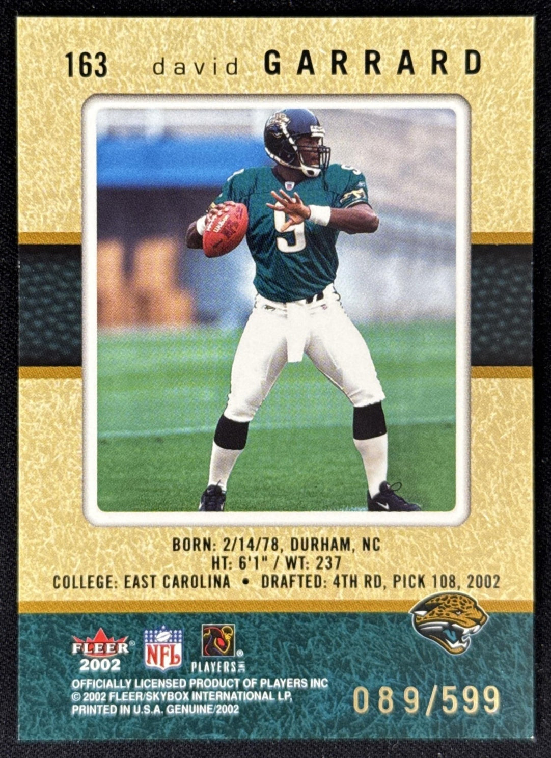 David Garrard 2002 Fleer Genuine /599 Jaguars Sports Trading Card