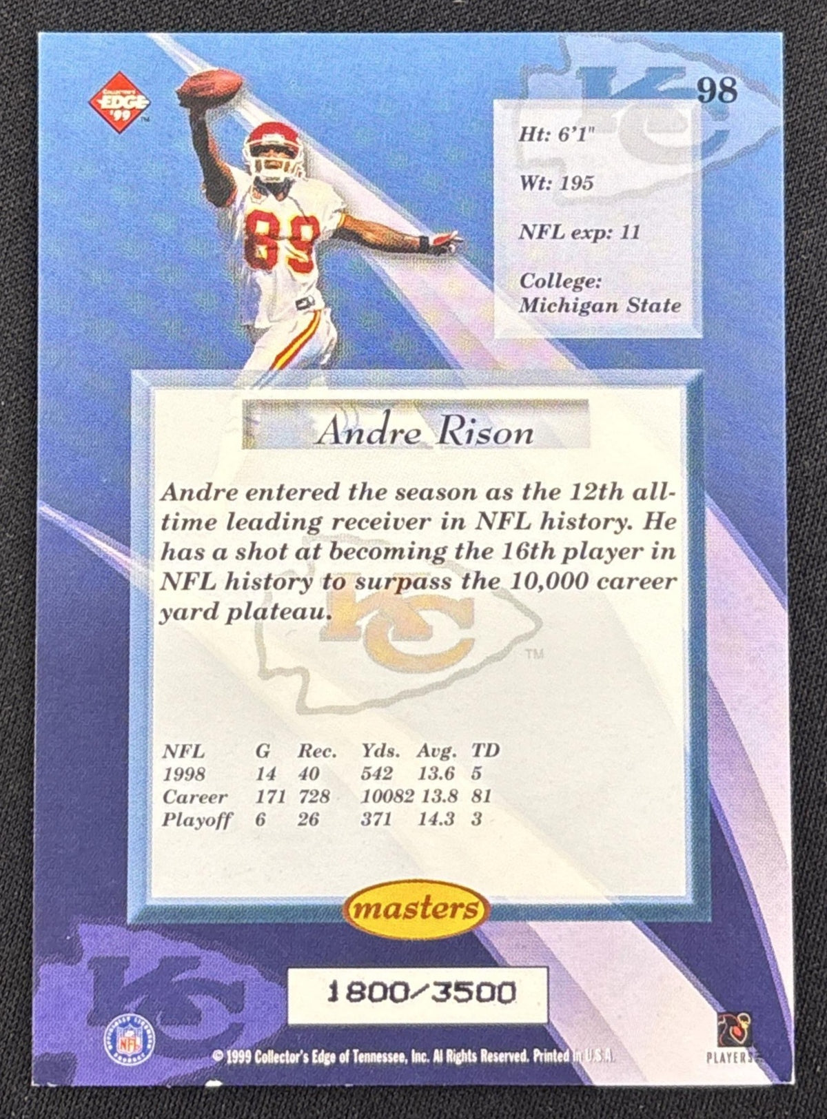 Andre Rison 1999 Collector's Edge Masters HoloSilver /3500 Chiefs