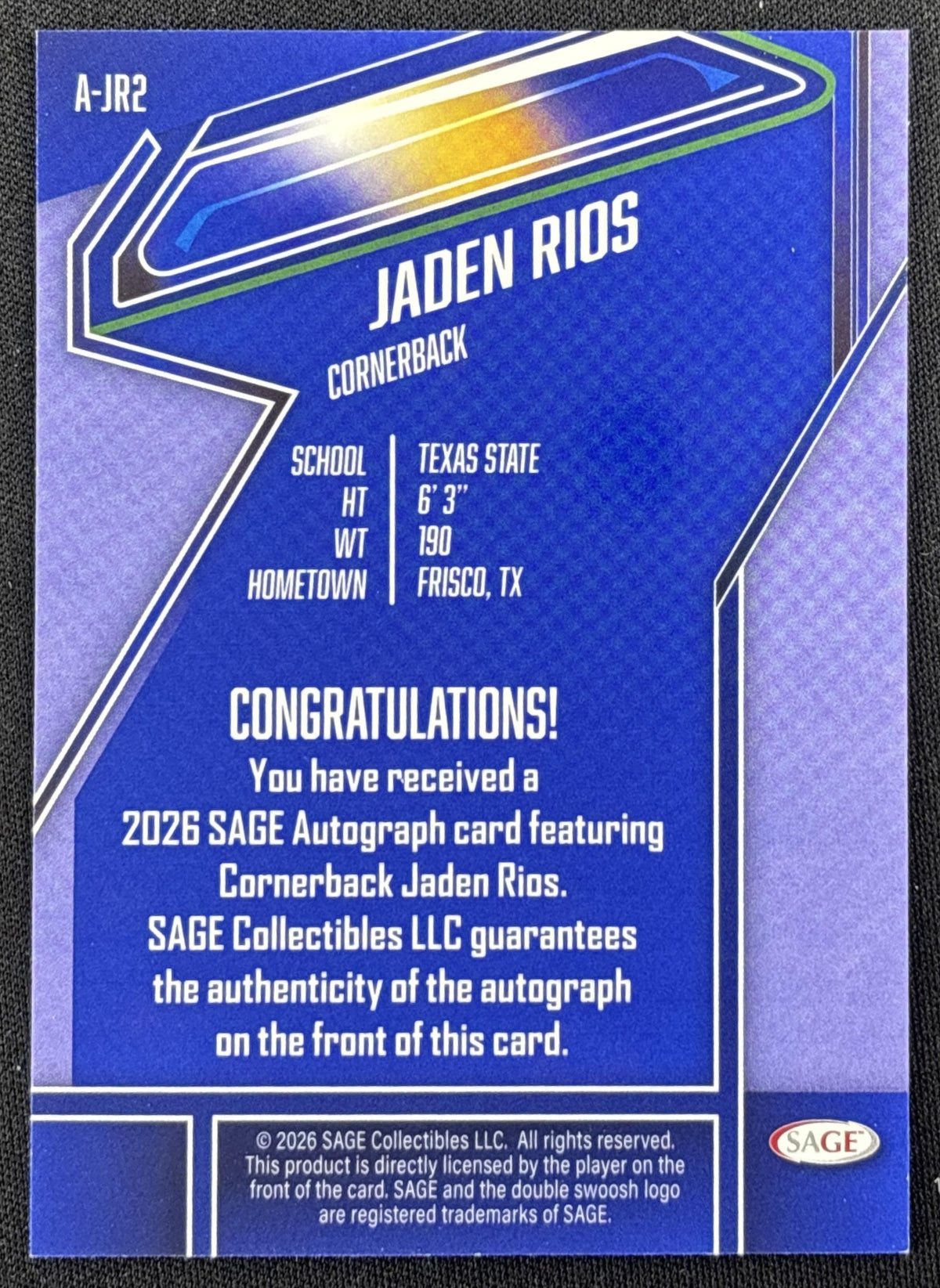 Jaden Rios 2026 SAGE Auto
