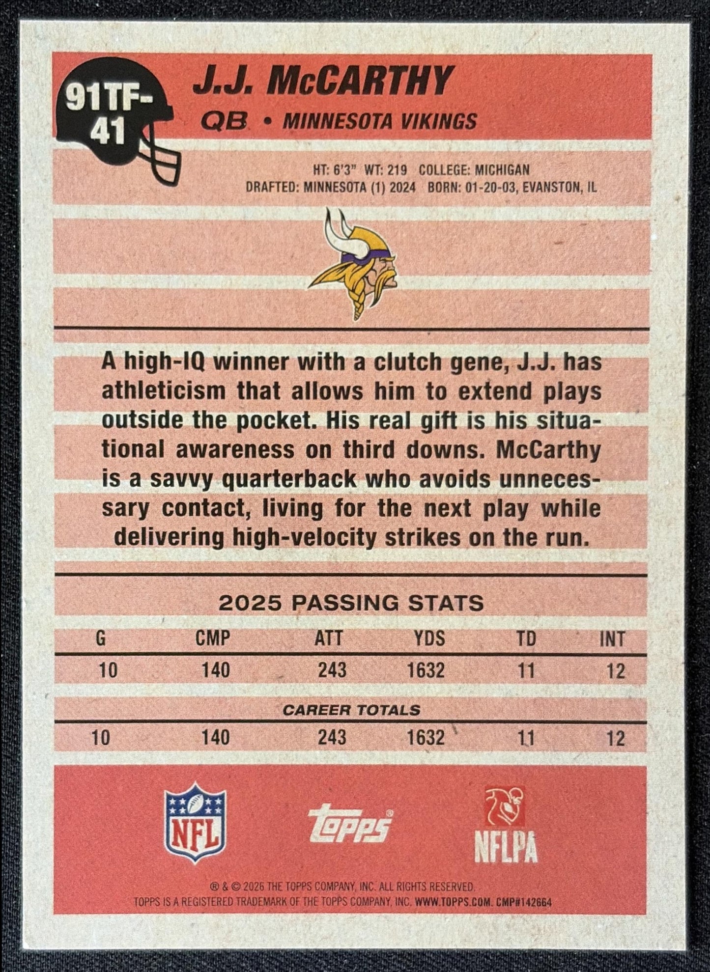 J.J. McCarthy 2026 Topps 1991 Vikings back