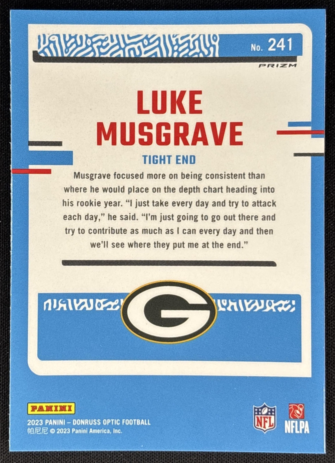 Luke Musgrave 2023 Panini Donruss Optic Blue Stars Prizm Packers Sports Trading Cards