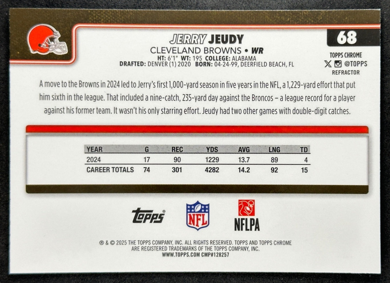 Jerry Jeudy 2025 Topps Chrome Refractor Browns Sports Trading Cards
