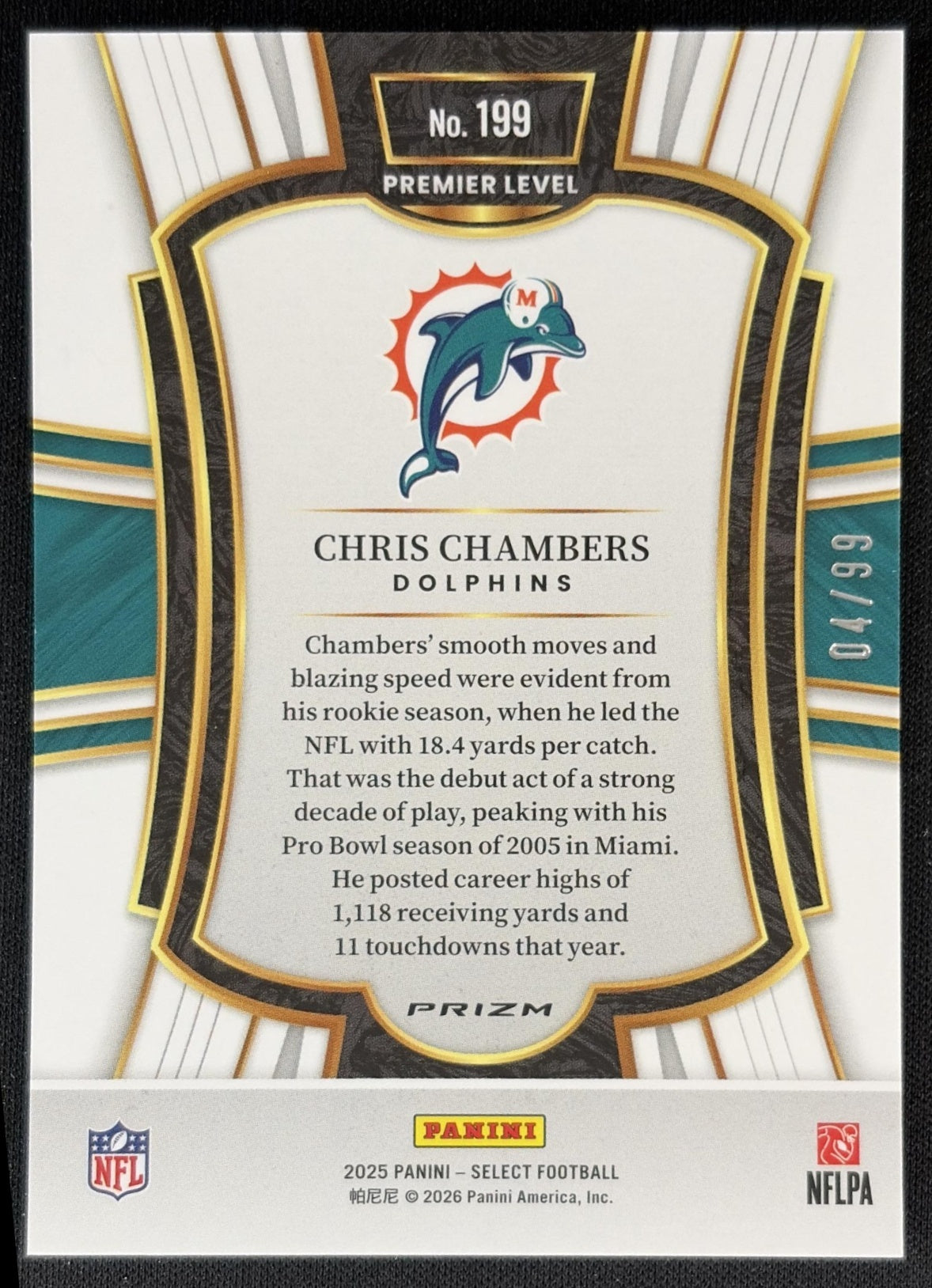 Chris Chambers 2025 Panini Select Premier Level Light Blue Prizm /99 Dolphins Back