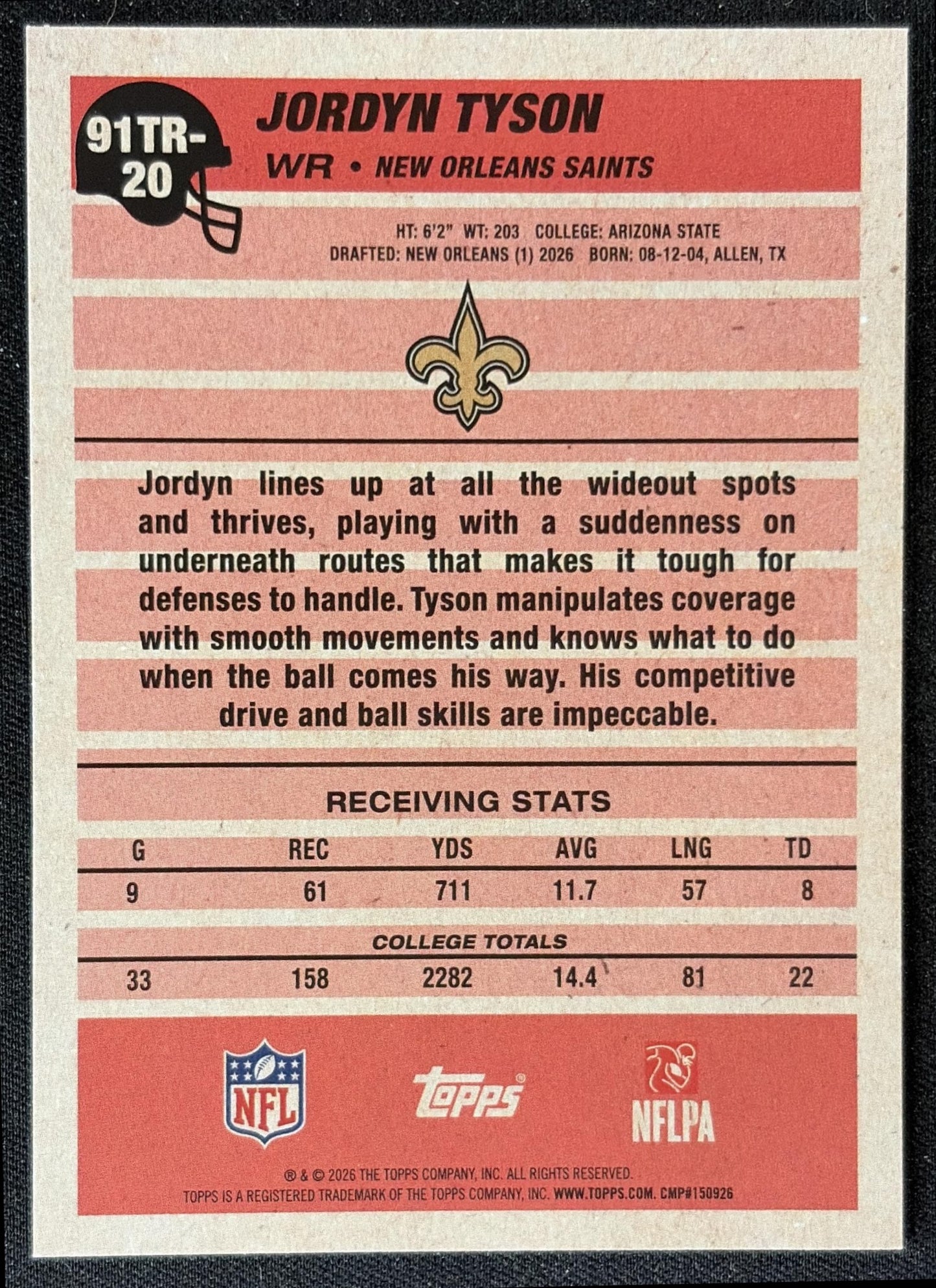 Jordyn Tyson 2026 Topps 1991 Rookie Saints back