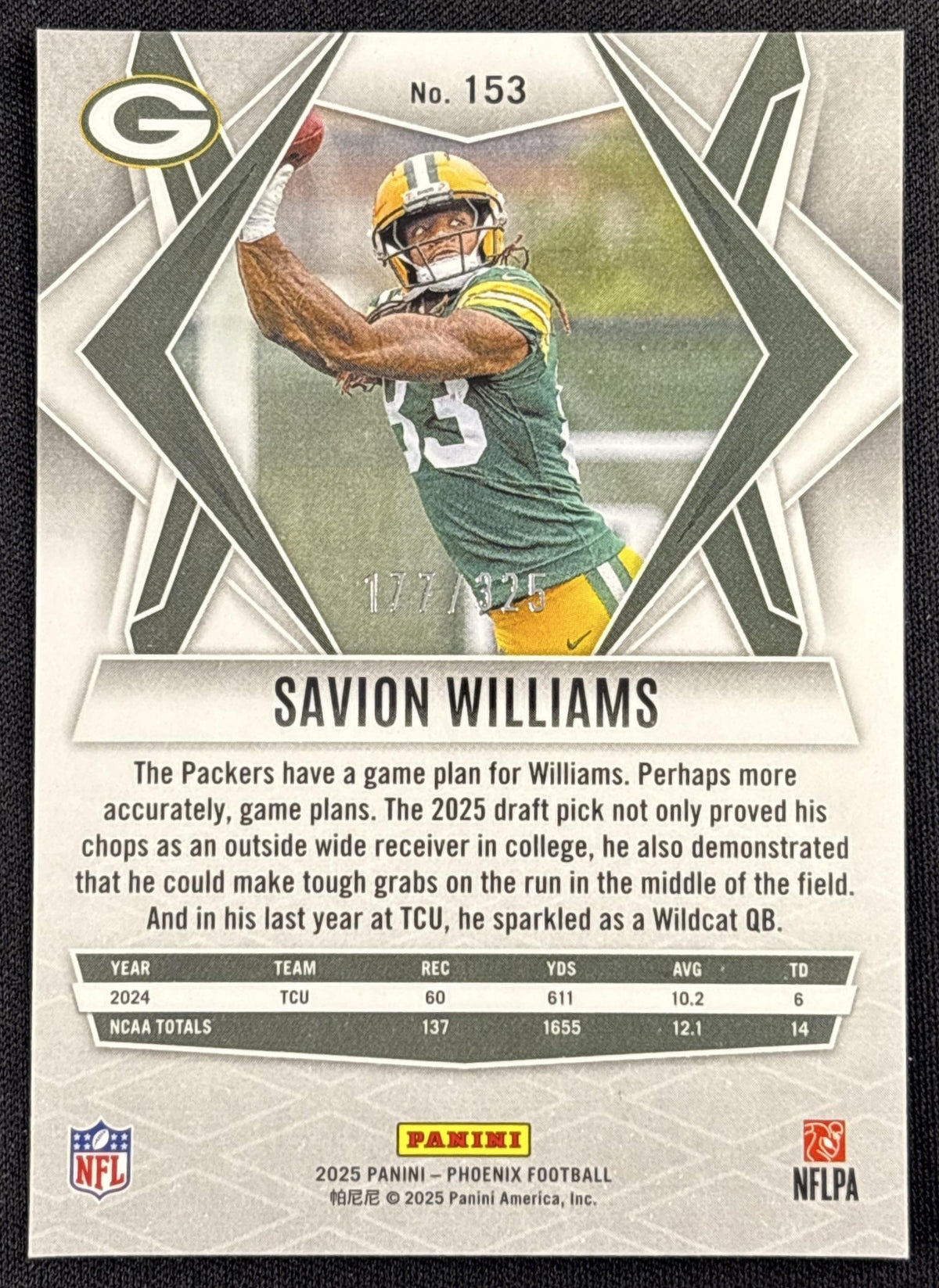 Savion Williams 2025 Panini Phoenix Light Blue Lava Prizm /325 Packers