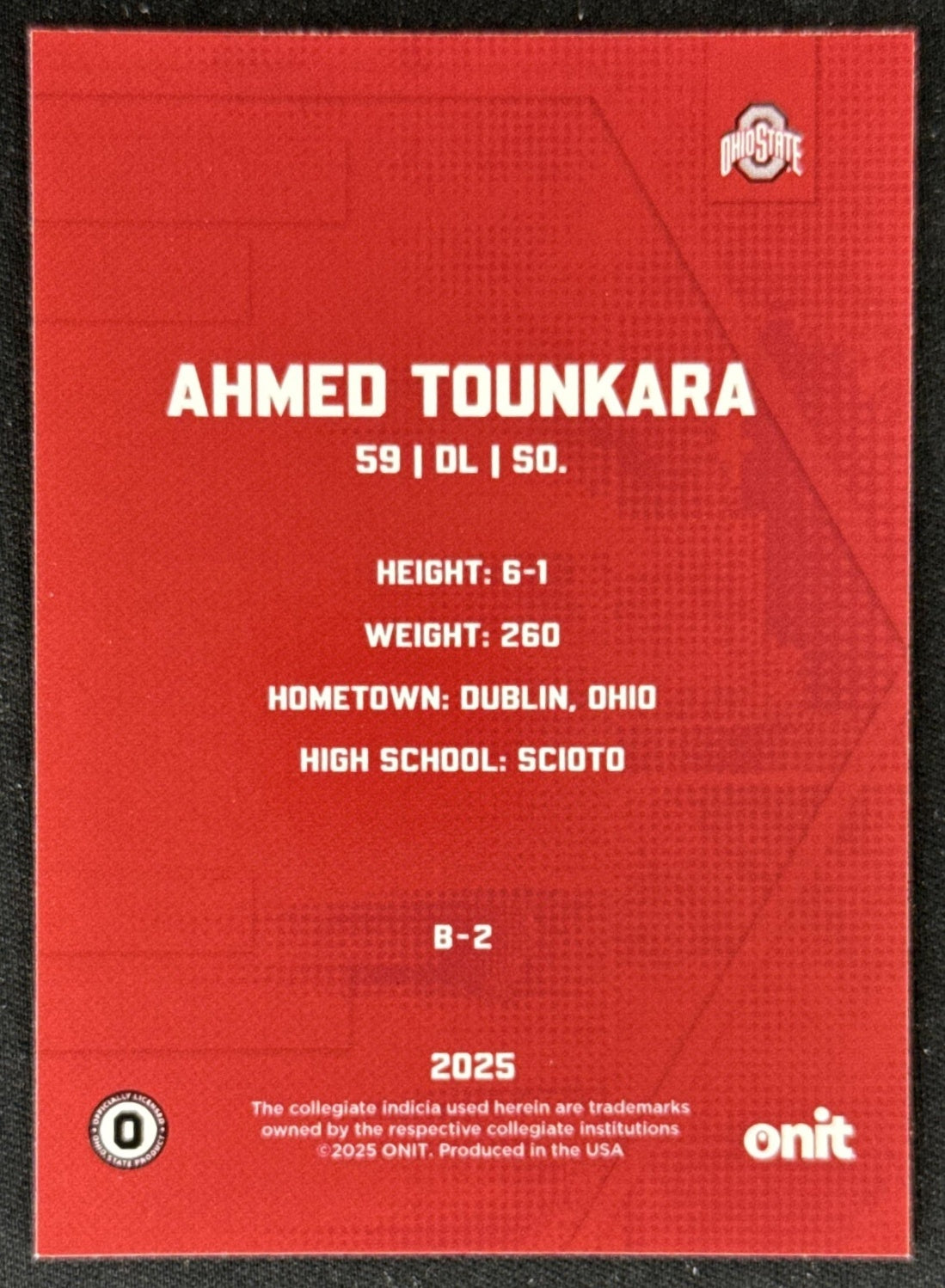 Ahmed Tounkara 2025 ONIT Athlete Ohio State Buckeyes Sports Trading Card