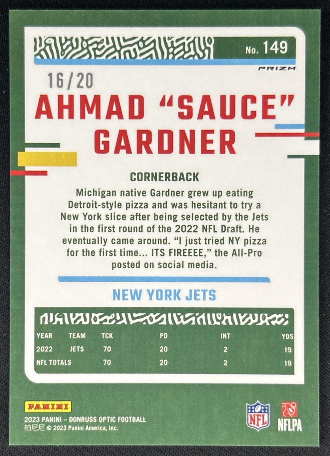 Ahmad "Sauce" Gardner 2023 Panini Donruss Optic Lime Green Prizm /20 Jets back