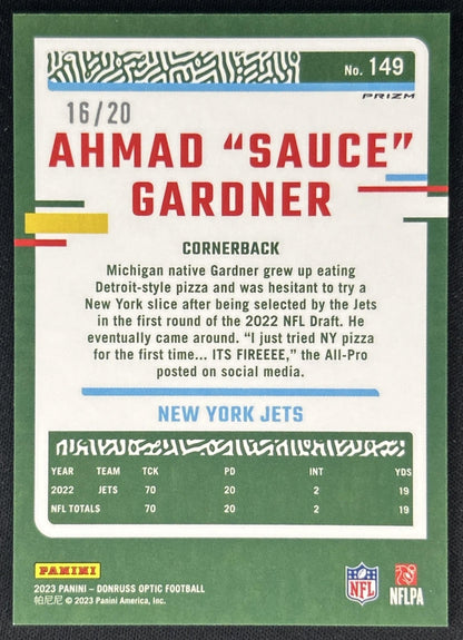 Ahmad "Sauce" Gardner 2023 Panini Donruss Optic Lime Green Prizm /20 Jets back