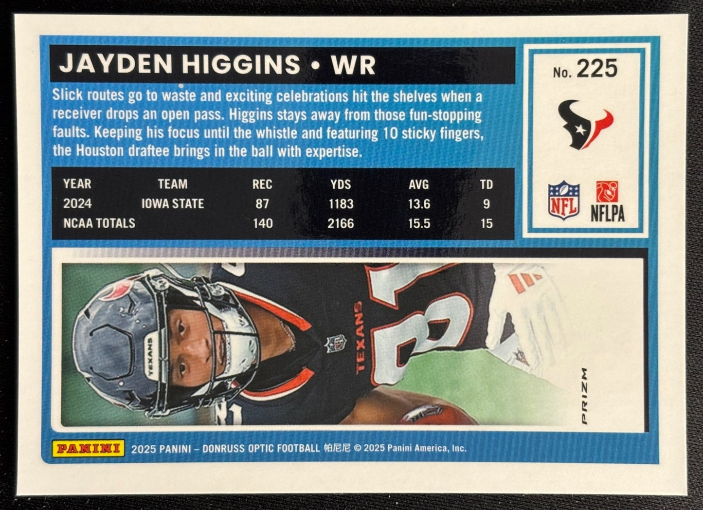 Jayden Higgins 2025 Donruss Optic Rated Rookie Blue Hyper Prizm Texans - Back