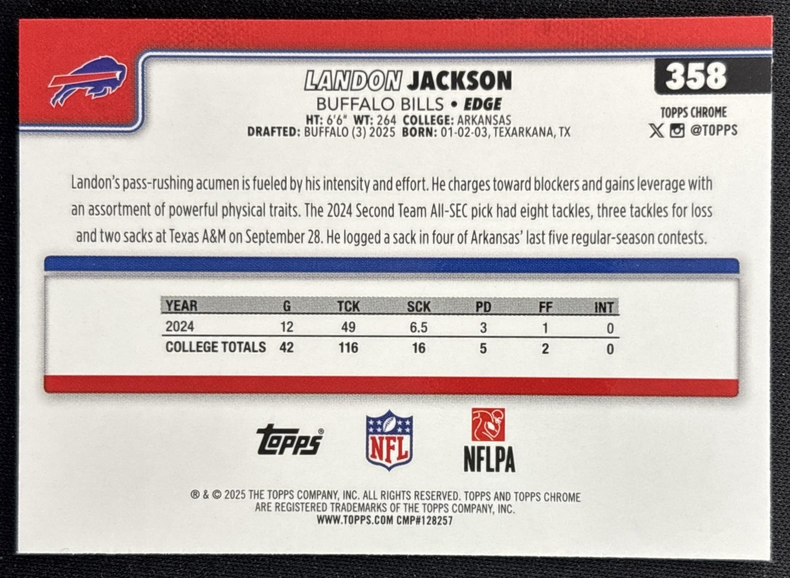 Landon Jackson 2025 Topps Chrome Rookie Teal Wave Refractor /299 Bills back