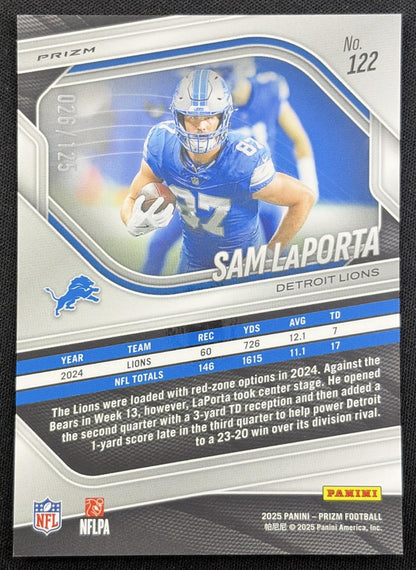 Sam LaPorta 2025 Panini Prizm No Huddle Blue /125 Lions