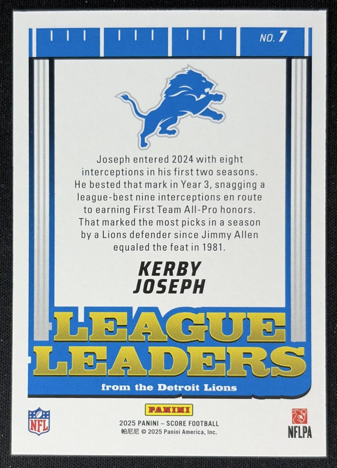 Kerby Joseph 2025 Panini Score League Leaders Lions Back