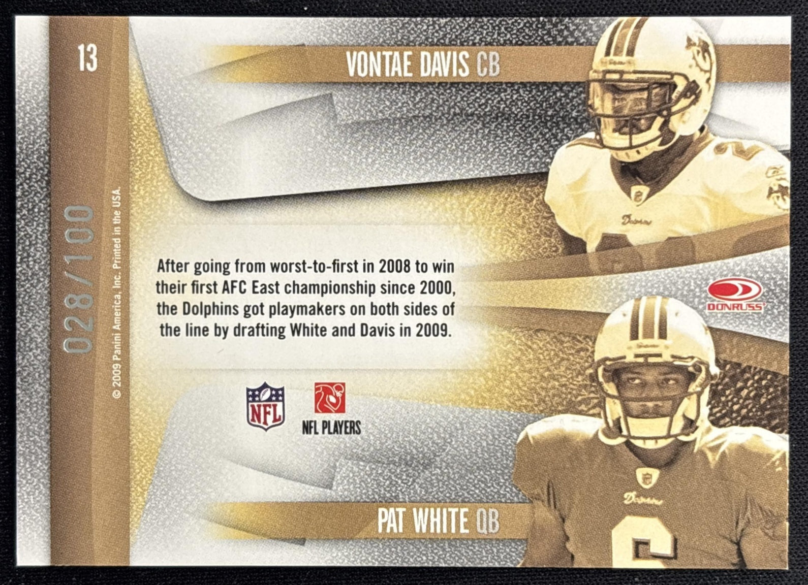 Vontae Davis Pat White 2009 Playoff Contenders Draft Class Gold /100 Dolphins back