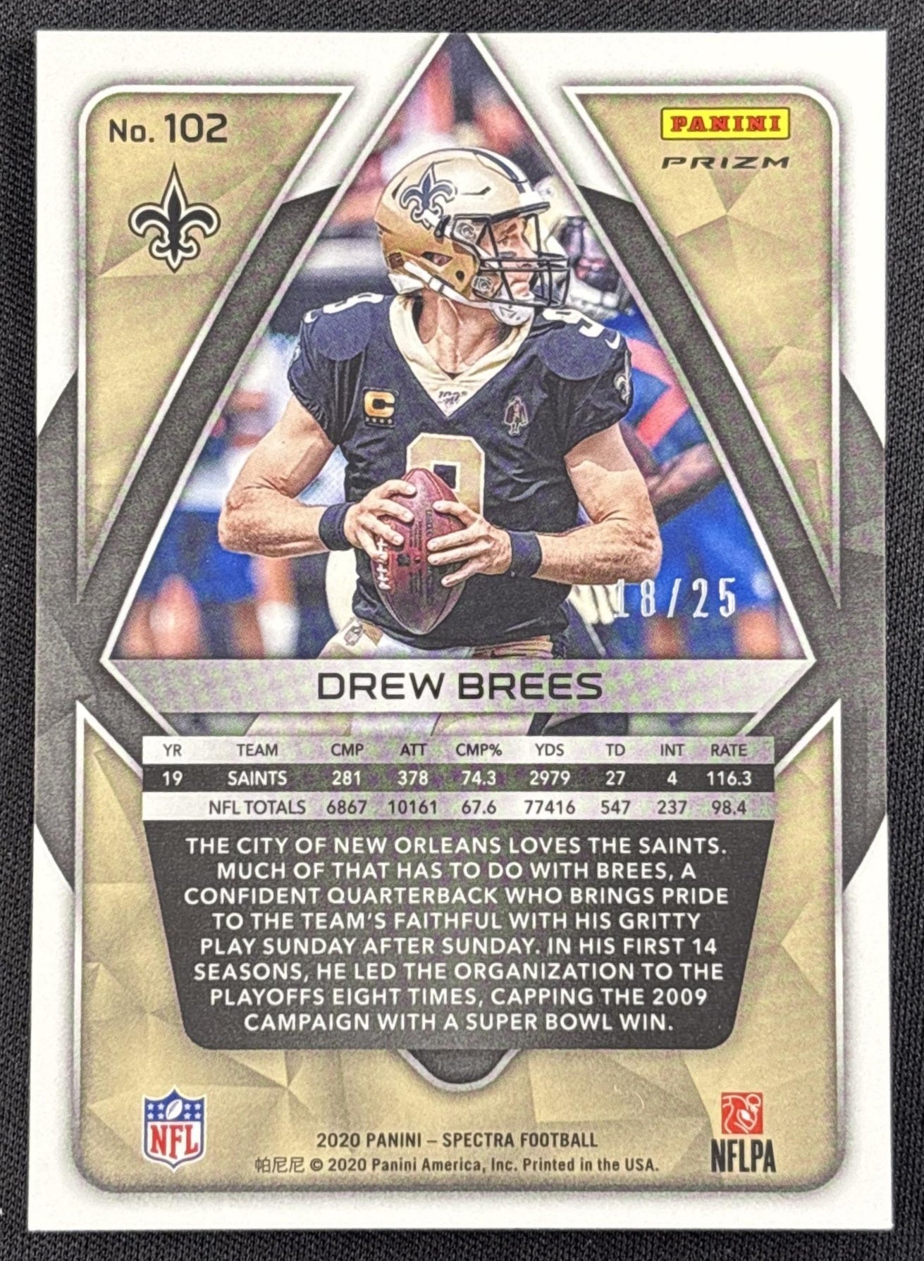 Drew Brees 2020 Panini Spectra Neon Pink /25 Saints - back