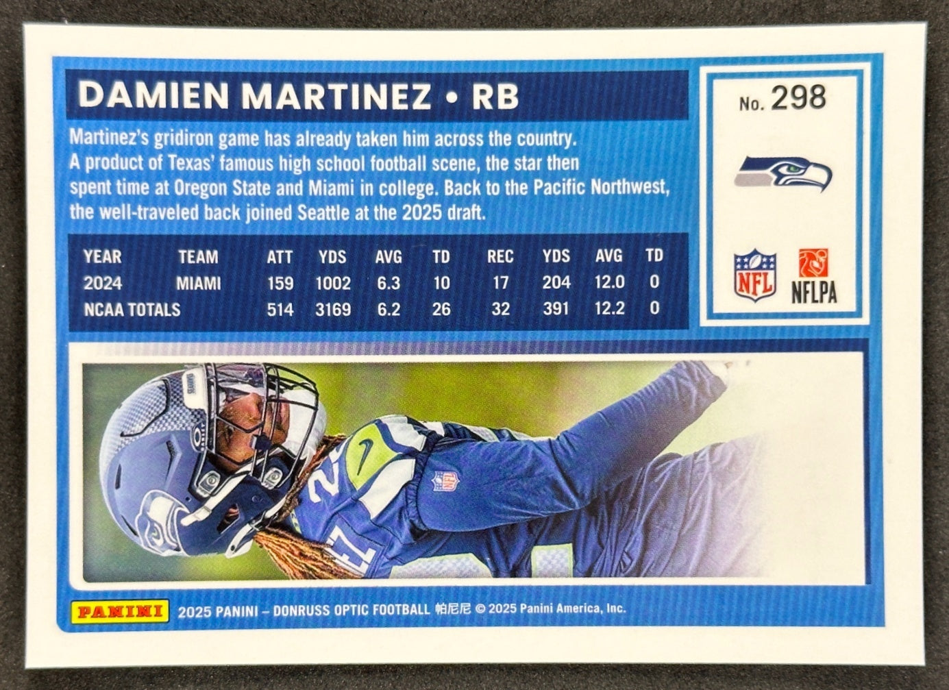 Damien Martinez 2025 Donruss Optic Rated Rookie Seahawks Sports Trading Card