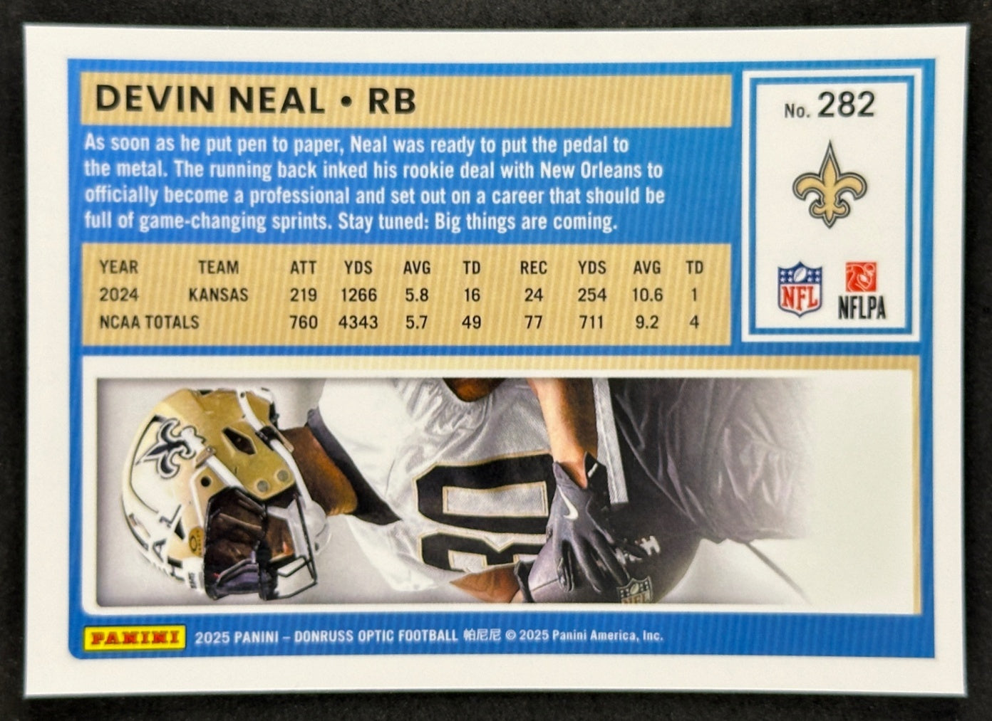 Devin Neal 2025 Donruss Optic Rated Rookie Saints Sports Trading Card