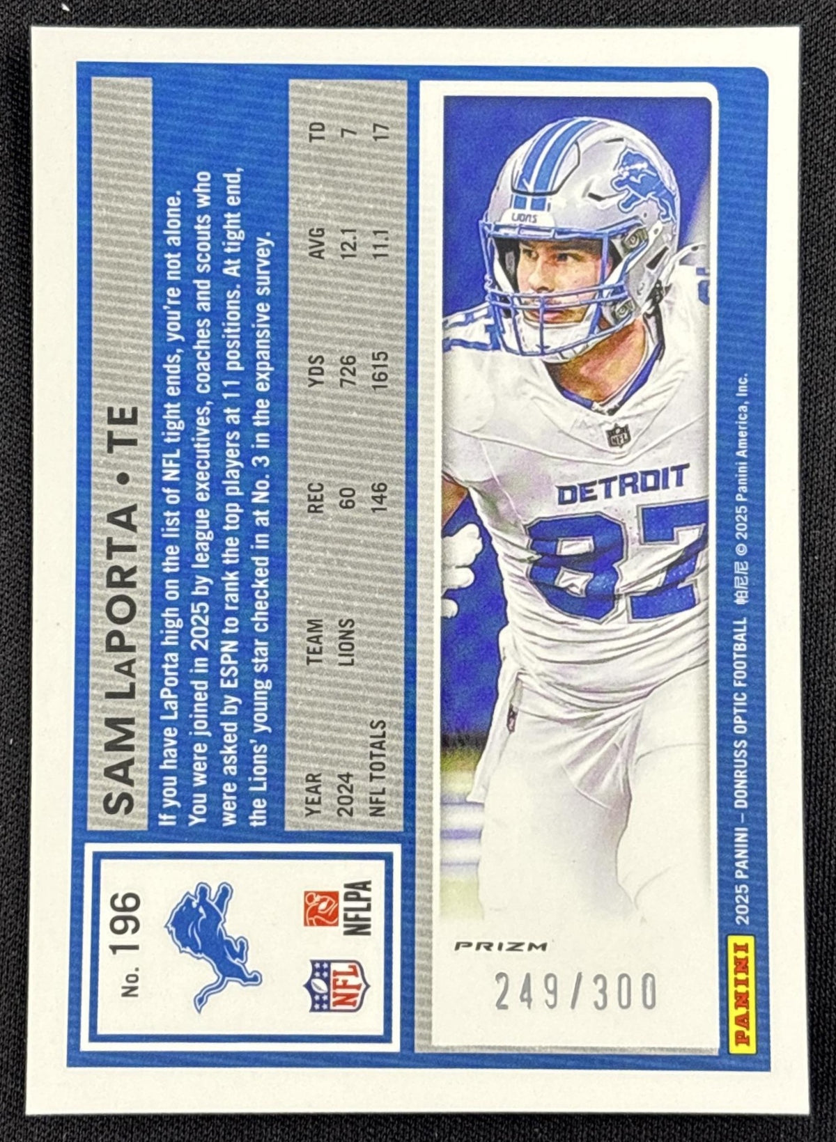 Sam LaPorta 2025 Panini Donruss Optic Wave Prizm /300 Lions