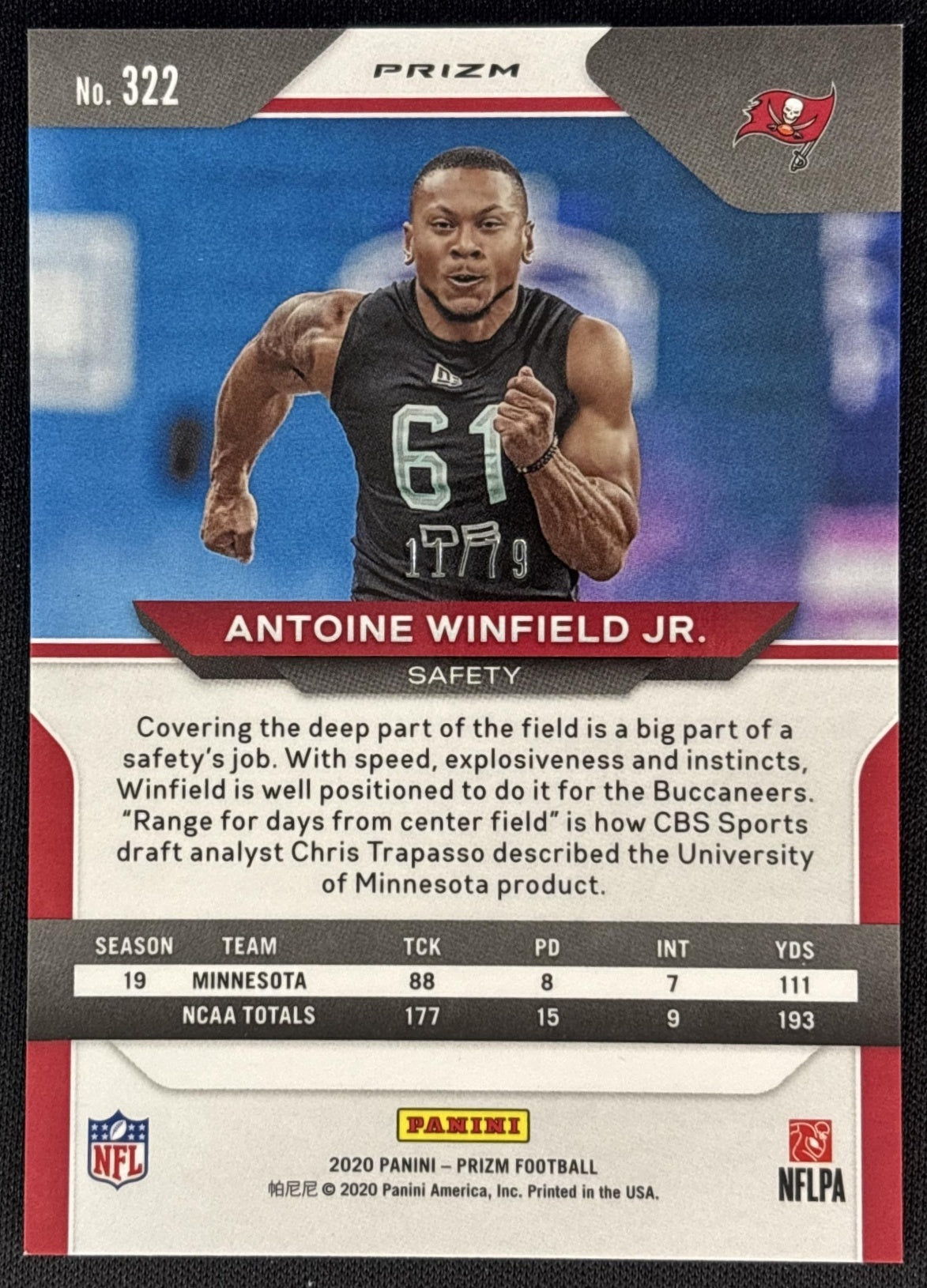Antoine Winfield Jr. 2020 Panini Prizm No Huddle Blue /79 Buccaneers Sports Trading Cards