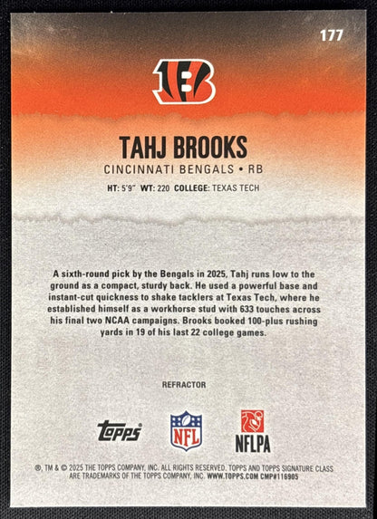 Tahj Brooks 2025 Topps Signature Class Chrome Rookie White Refractor Bengals Sports Trading Cards