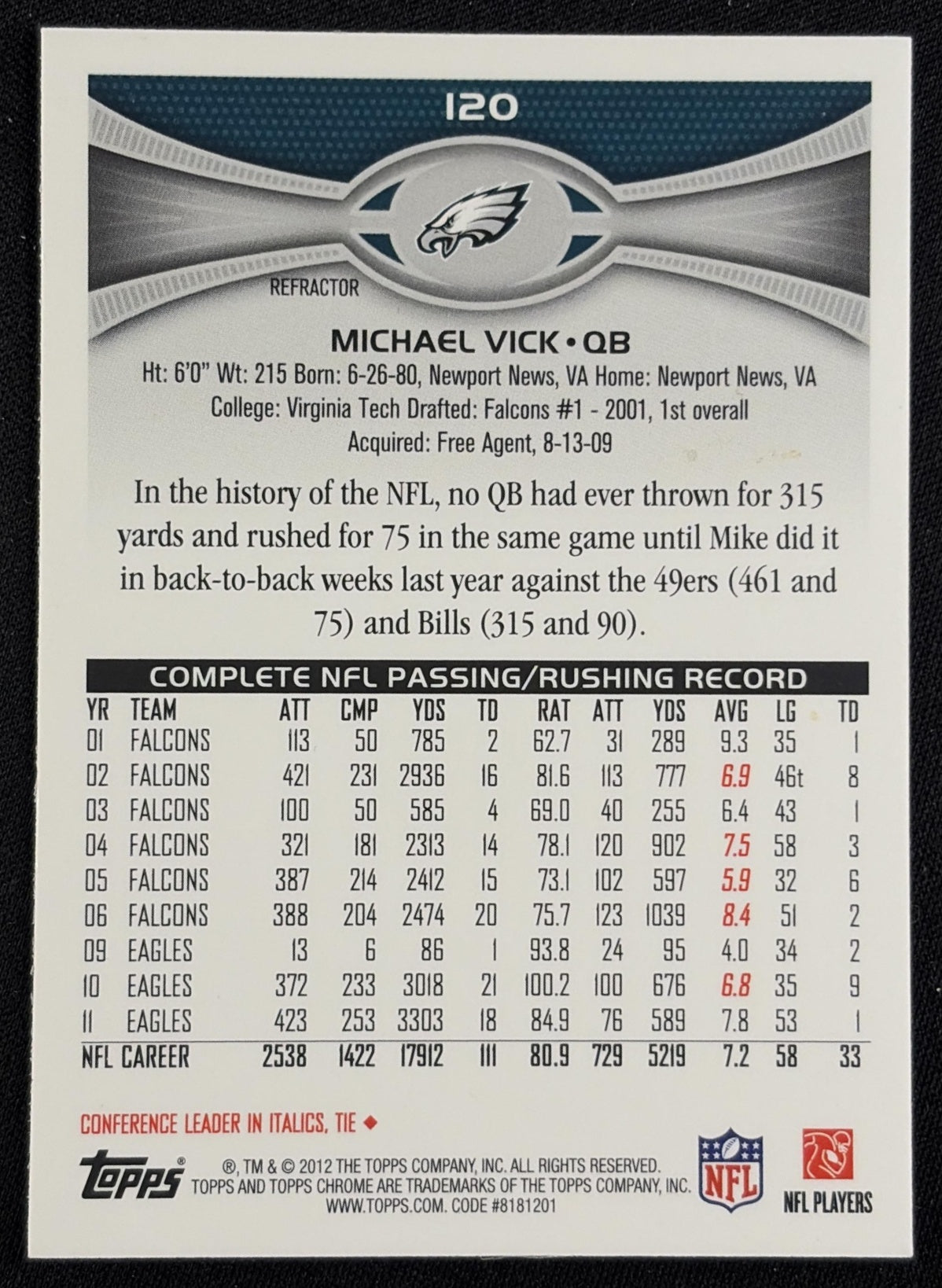 Michael Vick 2012 Topps Chrome Xfractors Eagles